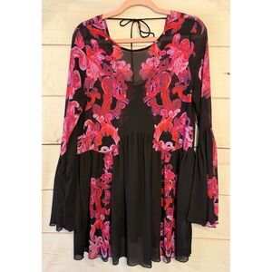Free People Intimately Black Pink‎ Floral Bell Sleeve Tie Neck Tunic Top XS